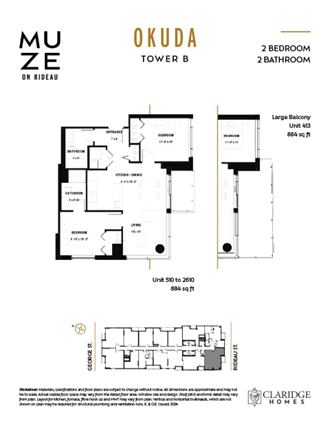 Floor plan for 2 beds, 2 baths, 884 sqft